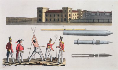 Chatham Barracks, a Triangle és Congreve Rockets nevű katonai büntetés, 17. lemez a Nemzetek története című könyvből (akvatinta) alkotó: Italian School