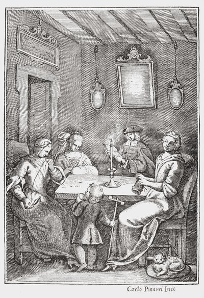 Chiaqlira meséket olvas egy varrópartinak, a The Pentamerone of Giambattista Basile első borítója, 1742 alkotó: Italian School