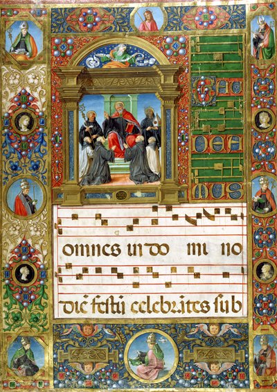Kórusminiatűr Szent Benedekkel a szerzeteseknek prédikál (pigment pergamen) alkotó: Italian School