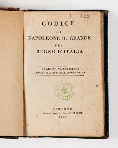 Nagy Napóleon törvénykönyve az Olasz Királysághoz, a címlapon megnyitva, kiadva Firenze, Molini, Landi et Cie, 1806 (nyomtatott papír) alkotó: Italian School