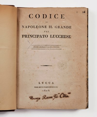 Nagy Napóleon kódexe a luccai fejedelemségről, első hivatalos kiadás, Lucca, Presso Bertini, 1806, valamint a luccai és piombinói fejedelemségek vidéki kódexe, Lucca, Fr. Bertini, 1807 alkotó: Italian School