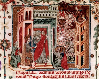 Codices Cavenses, Cod.25 f.181, Simon Magus, Nero császár és az apostolok, miniatűr a Speculum Historiale I. részéből, Vincent de Beauvais, 1320 körül (tempera pergamen) alkotó: Italian School