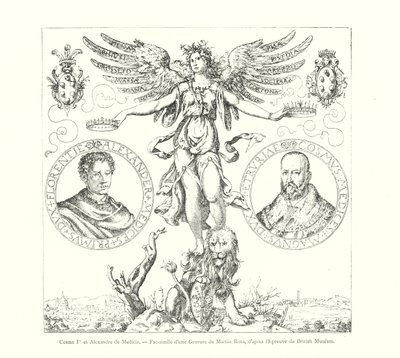 Cosimo I és Alexander de Medici, Martin Rota metszetének fakszimile a British Museum nyomat után (metszet) alkotó: Italian School