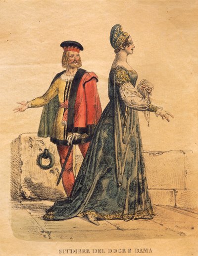 Jelmezterv a dózse mesterének és egy hölgynek, Gioachino Rossini „Othello” című művéből (kézzel színezett litó) alkotó: Italian School