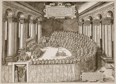 Tridenti zsinat, 1563, egy 1565-ben Velencében kiadott rézkarcból, illusztráció: The Church of England: A History for the People, H.D.M. Spence-Jones, kocsma. 1910 körül (szépia fotó) alkotó: Italian School