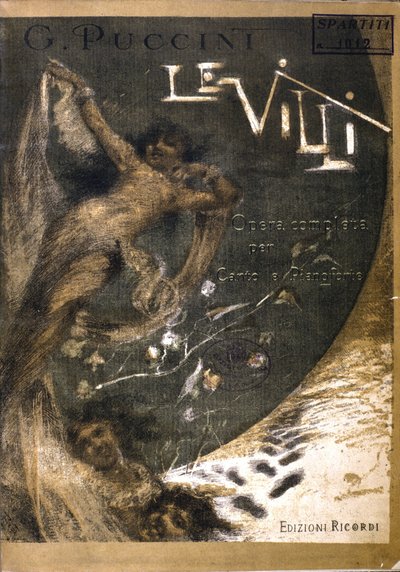 A „Le Villi”, az Opera (1884) partitúrájának borítója Puccini énekének és zongorájának (1858-1924) két felvonásban. Ricordi kiadások. alkotó: Italian School