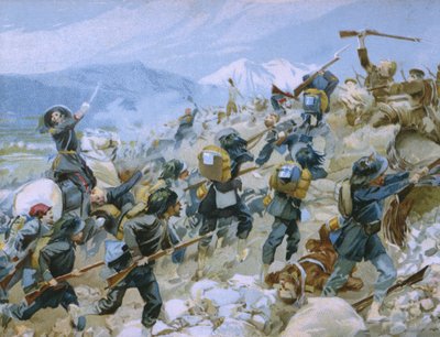 A krími háború és a csernajai csata, 1855. augusztus 16., illusztráció a Risorgimento történetéről szóló albumból, a Talmone csokoládéhoz készült, 19. század vége alkotó: Italian School
