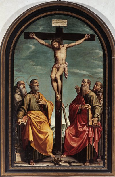 Keresztre feszítés Szent Péterrel, Pállal, Romualdóval és Ferenccel (olaj, vászon alkotó: Italian School