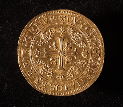 A Gének Köztársaság pénzneme: 25 arany dupla érme. Átm.52,5 mm. 1694. Elöl. Strada Nuova génmúzeumai (6457. szám) alkotó: Italian School