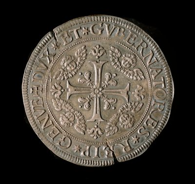 A Gének Köztársaság pénzneme: ECU széles ezüstben. Átm. 61 mm. 1693. eleje. Genes Musei di Strada Nuova (l., M7135) alkotó: Italian School