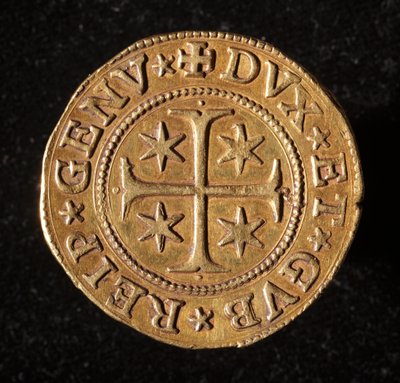 A Gének Köztársaságának pénzneme: öt arany doppie érme. Átm. 41 mm. 1642. Elöl. Genes Musei di Strada Nuova alkotó: Italian School