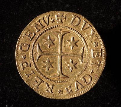A Gének Köztársaságának pénzneme: öt arany doppie érme. Átm. 41 mm. 1652. Elöl. Genes Musei di Strada Nuova alkotó: Italian School