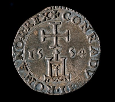 A Gének Köztársaság pénzneme: a Benediction ezüst testonja (vagy testone). Elöl, amely a genovai portált ábrázolja egy kereszt alatt. 1554 Genes, Musei di Strada Nuova alkotó: Italian School
