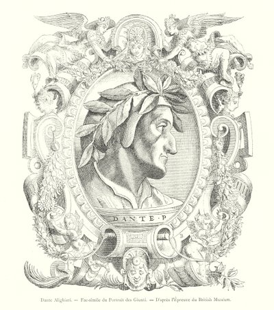 Dante Alighieri, Fakszimile a Giunti portréról, a British Museum nyomat után (metszet) alkotó: Italian School