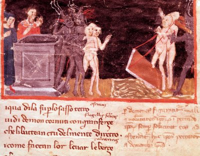 Dante és Virgil a striciktől és csábítóktól körülvéve (18. dal a pokolból, az Isteni színjátékban) - Miniatűr alkotó: Italian School