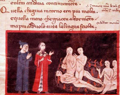 Dante és Vergilius az erőszakoskodóktól körülvéve (14. ének a pokolból, az Isteni színjátékban) - miniatűr XIV. alkotó: Italian School
