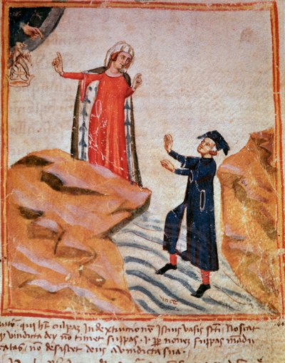 Dante találkozik Matheldával a Lethe partján (28. dala a Purgatóriumból, az Isteni színjátékban) - Minature alkotó: Italian School