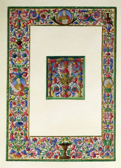 Díszítő szegély az Atyaistennel és két prófétával és egy historikus T kezdőbetűvel szirénával és két puttival, XV-XVI. alkotó: Italian School