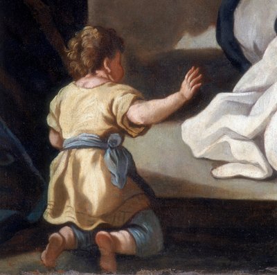 Részlet a festményből, amely a Rózsafüzér Madonnáját Sienai Domonkos és Katalin szentekkel ábrázolja alkotó: Italian School