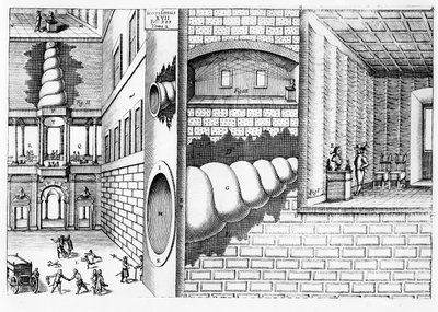 Készülék beszélgetések meghallgatására egy téren, Athanasius Kircher (1601-80) illusztrációja a Musurgia Universalisból, Rómában, 1650 alkotó: Italian School