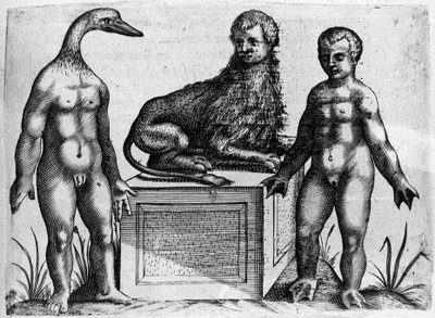 Különböző típusú emberi szörnyek: egy ember kacsafejű, egy ember oroszlántesttel és egy másik tenyérkezes. Fortunio Liceti (1577-1656) olasz tudós „De monstrorum natura, causis et differentiis” metszete. 1646 alkotó: Italian School