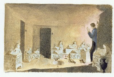Az etruszk sírok felfedezése. illusztráció a Monumenti Etruschi-ból, Francesco Inghirami (1772-1846), megjelent Fiesole-ban, 1825 (színes metszet) alkotó: Italian School