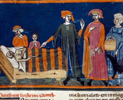 Dokkok egy beteg ágy mellett A firenzei iskola miniatúrája Ser Zucchero Bencivenni „Pater noster”-ének bővítményéből (MS.II.VI 16) a 14. század elején Firenze, nemzeti könyvtár alkotó: Italian School