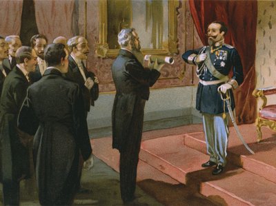 Sermoneta hercege felajánlja II. Viktor Emmánuel királynak (1820-78) a római népszavazást a Palazzo Pittiben, Firenzében, 1870, illusztráció a Risorgimento történetét bemutató albumból, amely a Talm csokoládé számára készült alkotó: Italian School