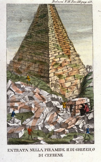 Belzoni bejárata Guizeh (Guiseh, Giza, Giza) vagy Chephren (Régi Birodalom) piramisába. Giovanni Battista (Gianbattista) Belzoni (1778-1823), olasz felfedező és régész fontos régészeti felfedezéseket tett Egyiptomban. Gravírozás - ""-ben alkotó: Italian School