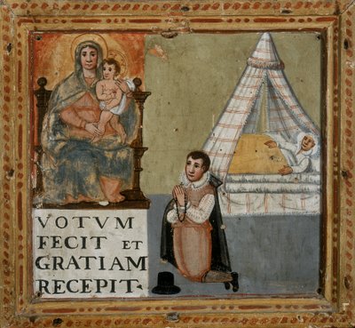 Ex-voto, amely egy férfit ábrázol, aki térden állva köszönetet mond a Szűznek, hogy meggyógyult egy betegségből, 1604 alkotó: Italian School