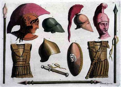 Példák etruszk fegyverekre és páncélokra, a „Costumi dei Romani”-ból, D. K. Bonatti metszet, 1805-20 körül (akvatinta) alkotó: Italian School