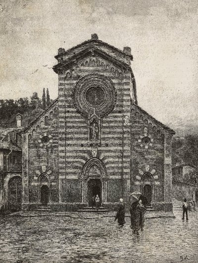 Bellano katedrális homlokzata, Comói-tó, Olaszország, metszet Quinto Michetti rajzából, L