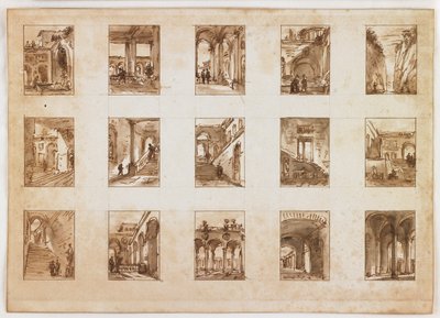 Tizenöt miniatűr építészeti és olasz nézet (toll és barna tinta, grafitos mosás papíron) alkotó: Italian School