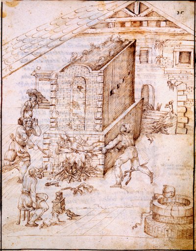 Egy korai kemence tüzelése, 1630-as évek (kéziratos pergamen) alkotó: Italian School