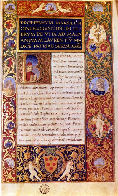 Marsilio Ficino „De vita libri tres” című művének első oldala (toll és tinta, tempera és arany pergamen) alkotó: Italian School