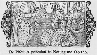 Halászat a Norvég-óceánon, Olaus Magnus (1490-1558) illusztrációja az északi nemzetek történetéből, megjelent Rómában, 1555 alkotó: Italian School