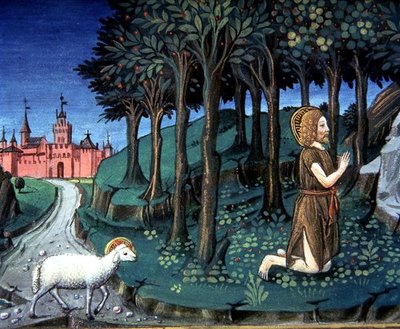 Fol.143v Keresztelő Szent János imádkozik a sivatagban (vellum) alkotó: Italian School