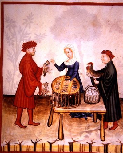 Fol.67r Fiatal galambok eladása, illusztráció a „Tacuinum Santiatis Codex Vindobonensis”-ből (vellum) alkotó: Italian School