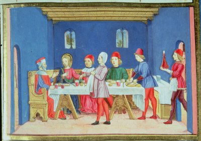 Fol.75v Jézus étkezés közben a farizeus házában megkérdezi, szabad-e neki gyógyítani szombaton (vellum) alkotó: Italian School