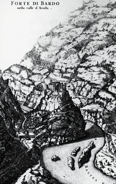 Fort Bard, metszet a Theatrum Sabaudiae című kötetből alkotó: Italian School