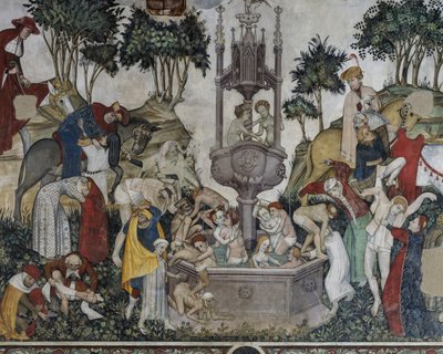 Fiatalok szökőkútja, részlet a Fiatalok kútjából, freskó a Baronial Hallban, Manta vára, Saluzzo, Piemont, Olaszország alkotó: Italian School