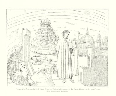 Freskó a Santa Croce Servi ajtajában, allegorikus festészet, Dante, Firenze és a hét kör, Domenico di Michelino (metszet) alkotó: Italian School