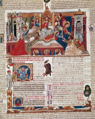 A "Decret de Gratien" ("Concordia discordantiorum canonum" vagy "Decretum Gratiani") 1140-ből származó kéziratának előlapja, amely a római katolikus egyház törvényeit és kánonjait szabályozza. 14. századi Siena, Biblioteca degli Intronati alkotó: Italian School