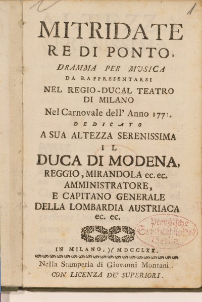 Frontkép Wolfgang Amadeus Mozart 1770-es operájának, Mitridate, re di Ponte korai másolatából alkotó: Italian School