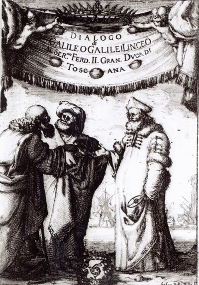 A Galilei 1632-ben megjelent, Frontispiece to Dialogue a világ két legnagyobb rendszeréről című könyve alkotó: Italian School
