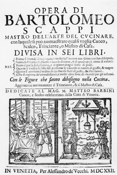 Bartolomeo Scappi szakácskönyvének előlapja, 1622 alkotó: Italian School