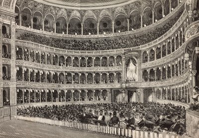 Gálaest a Costanzo Színházban Németország trónörökösének (a leendő III. Frigyes) tiszteletére, Róma, Olaszország, metszet Dante Paolocci rajzából, a L