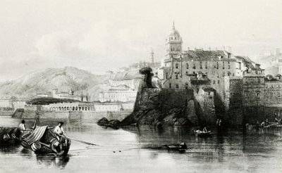 Genovai kikötő fala Villa Doria Pamphilivel a háttérben, metszet, kb 1850, Olaszország alkotó: Italian School
