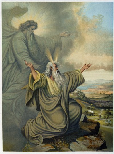 Isten megmutatja Mózesnek az Ígéret Földjét – a „Klasszikus Arany Biblia: Az isteni kinyilatkoztatás története az ókori és új feszültségben” című könyvében, Giovanni Ladislao Sykora (1. köt.), Don Clemente Benetti fordítása. (olasz Biblia) alkotó: Italian School