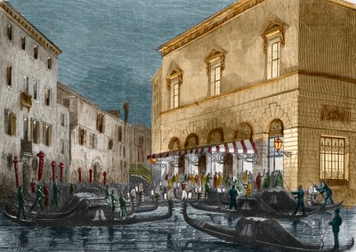 Gondoliások várják a nézőket a Teatro La Fenice előtt, Velence, Olaszország, a Le Monde Illustre n°564, 1868 alkotó: Italian School